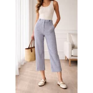 Tory Burch Navy White Striped Cotton Pants Womens 6 High Rise Straight Leg